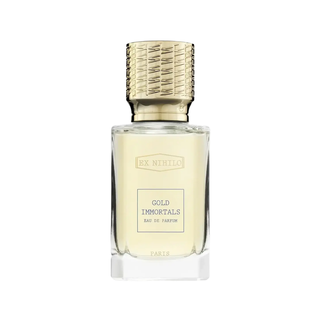 Ex Nihilo Gold Immortals Eau de Parfum 50ml bottle, luminous niche fragrance with bergamot, pear, ylang, peony, tonka bean, musk, and