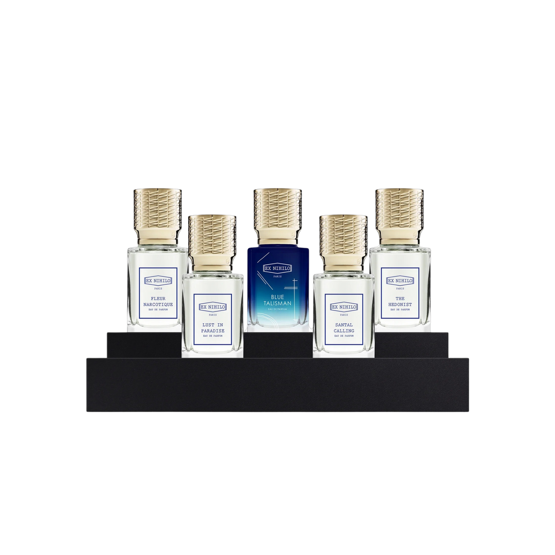 Ex Nihilo Iconic Miniatures Set with five 10mL Eau de Parfum bottles - Fleur Narcotique, Lust in Paradise, Blue Talisman, Santal Calling and The Hedonist | Mood by DMJ