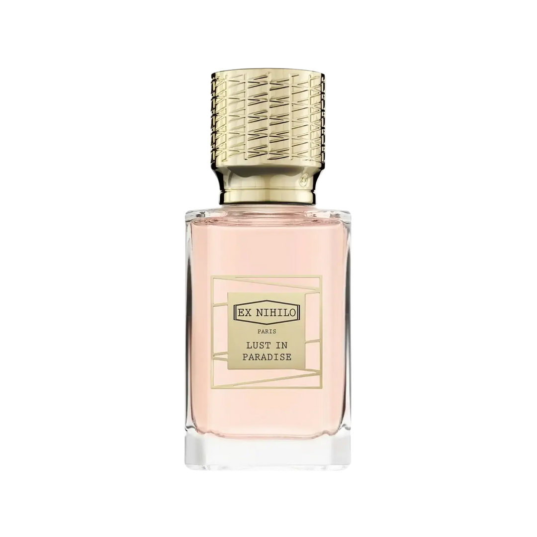 Ex Nihilo Lust in Paradise Eau de Parfum 50ml bottle, floral niche fragrance with pink pepper, white peony, lychee, cedarwood, musk, and
