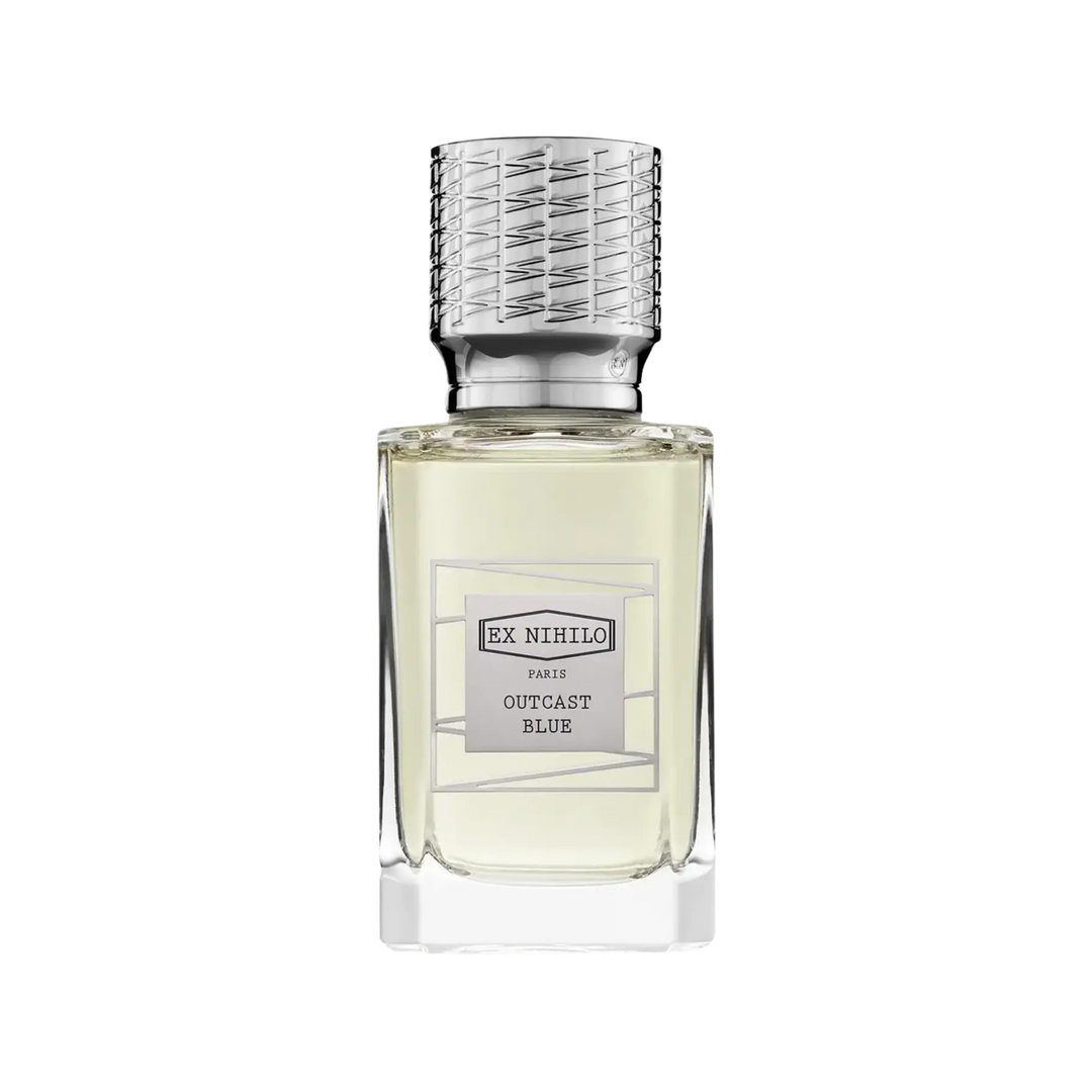 Ex Nihilo Outcast Blue Eau de Parfum 50ml bottle, niche fragrance with saffron, black pepper, cedarwood, patchouli, vetiver, and tobacco