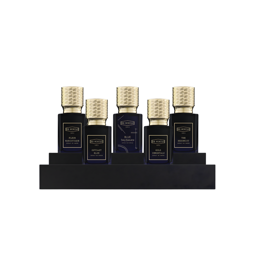 Ex Nihilo Quintessence Miniatures Set with 5x10ml Extrait de Parfum: Blue Talisman, Gold Immortals, The Hedonist, Outcast Blue, Fleur Narcotique | Mood by DMJ