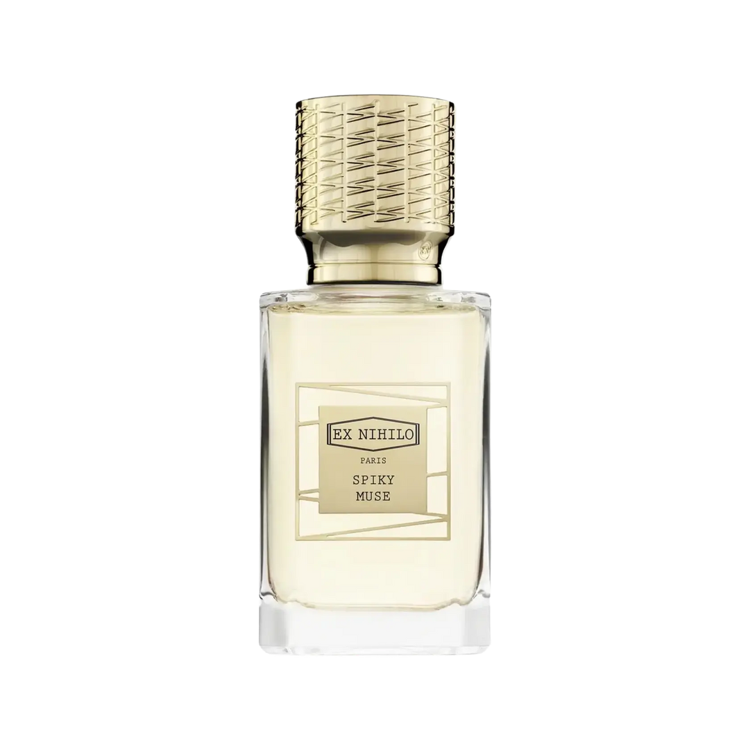 Ex Nihilo Spiky Muse Eau de Parfum 50ml bottle, floral gourmand niche fragrance with strawberry, bergamot, rose, pistachio, and cedarwood