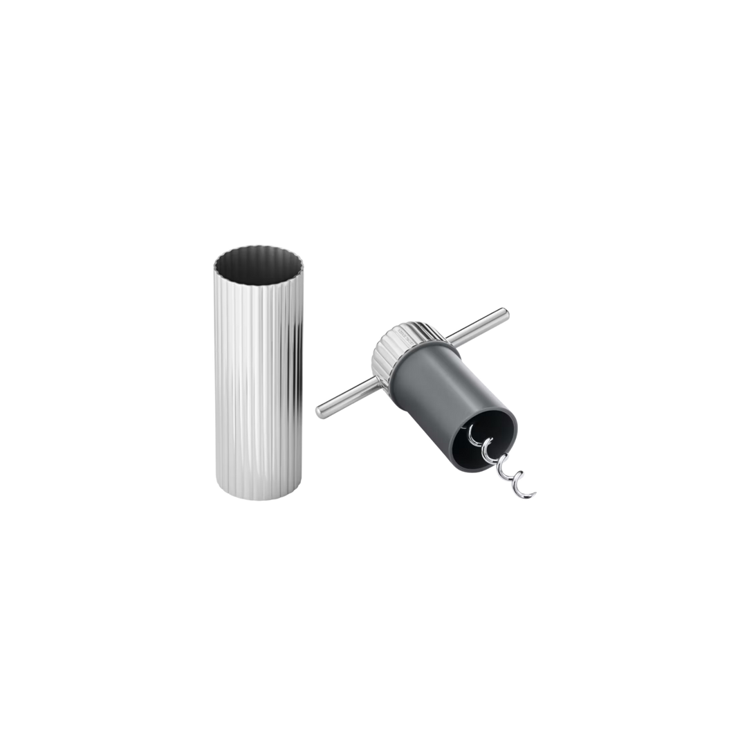 Georg Jensen Bernadotte stainless steel wine opener shown with its cork removal mechanism