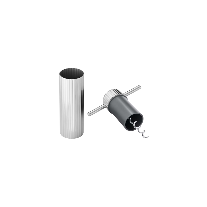 Georg Jensen Bernadotte stainless steel wine opener shown with its cork removal mechanism