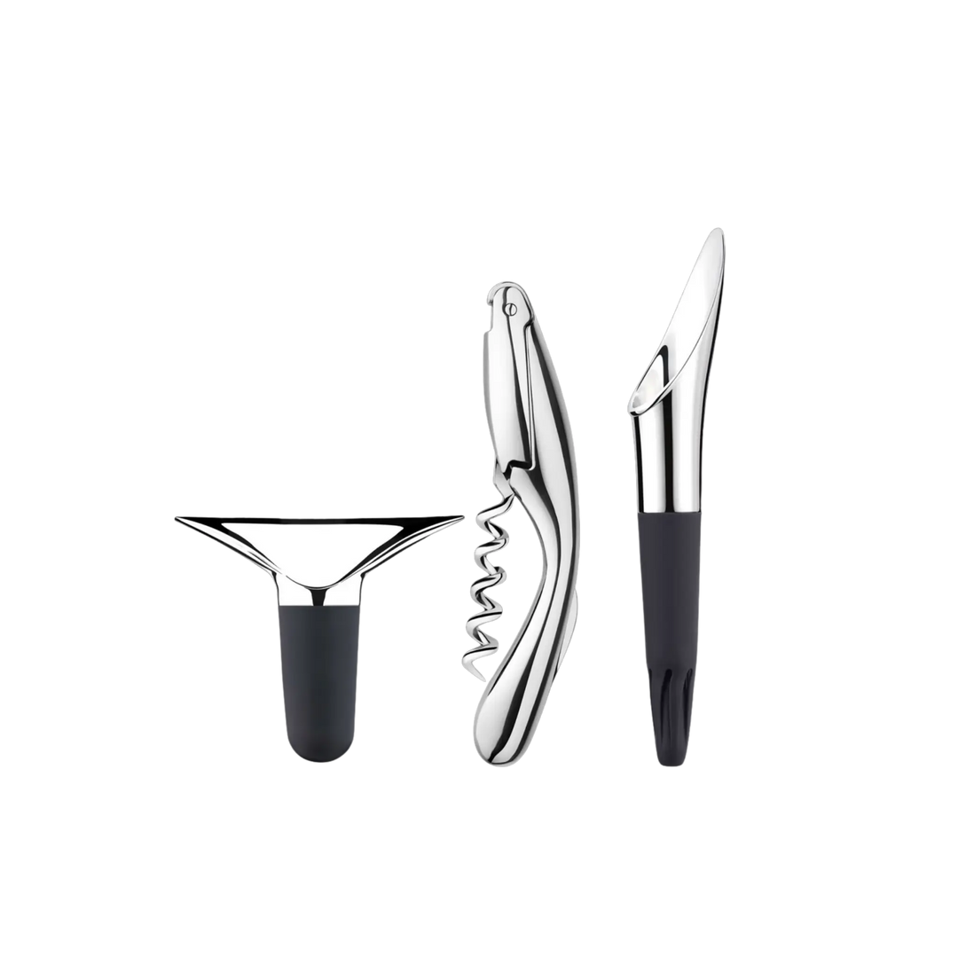 Georg Jensen stainless steel wine tool gift set with corkscrew, aerating pourer and bottle stopper by Thomas Sandell