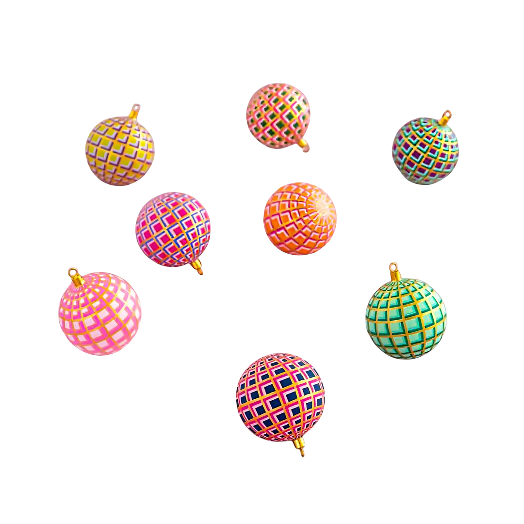 Glitterville Art Deco Plaid Ornaments, eight hand-painted plaid baubles with gold tops