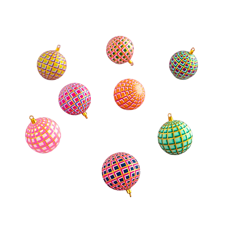 Glitterville Art Deco Plaid Ornaments, eight hand-painted plaid baubles with gold tops