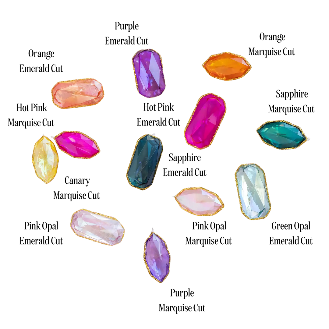 Glitterville Gemstone Ornament colors labeled, including Sapphire, Pink Opal, and Canary