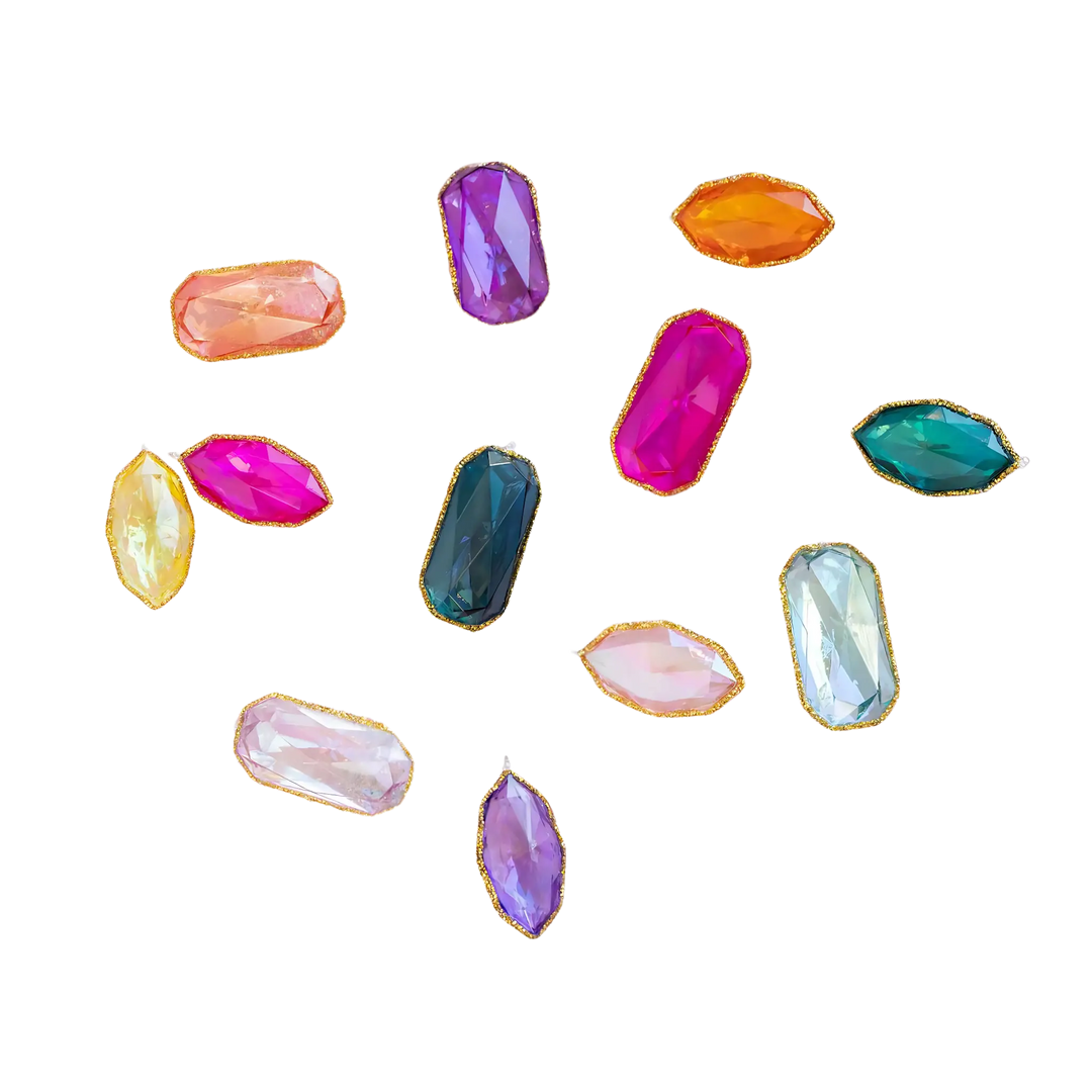 Glitterville Gemstone Ornaments in faceted acrylic Marquise and Emerald cuts with gold trim