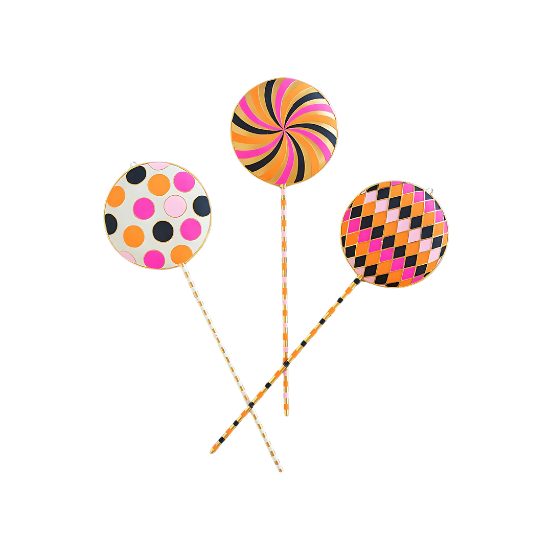 Glitterville Halloween Lollipop Displays in dots, swirl, and harlequin patterns with gold leaf trim