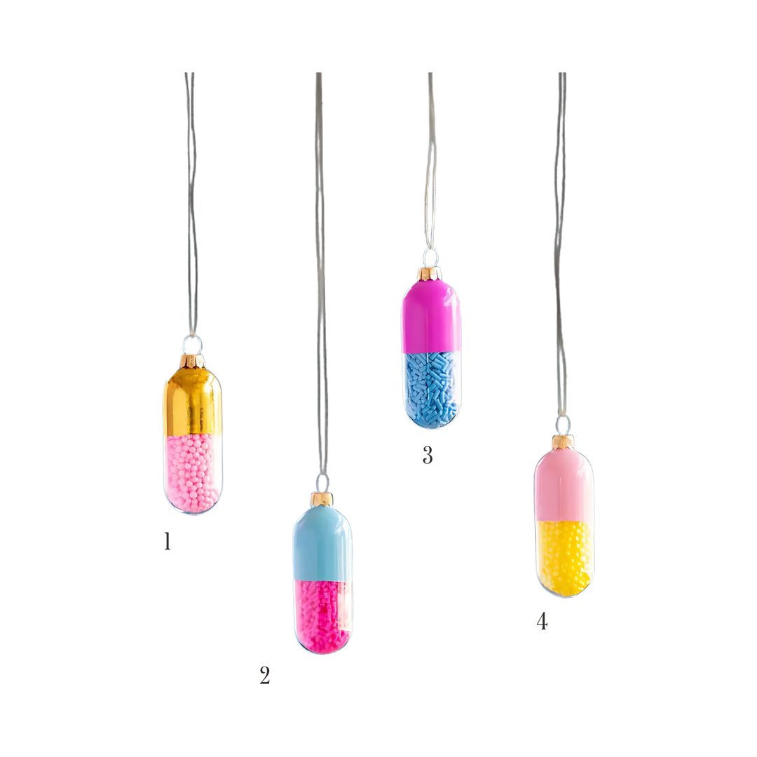 Glitterville Happy Pill Ornament colorways numbered 1 through 4