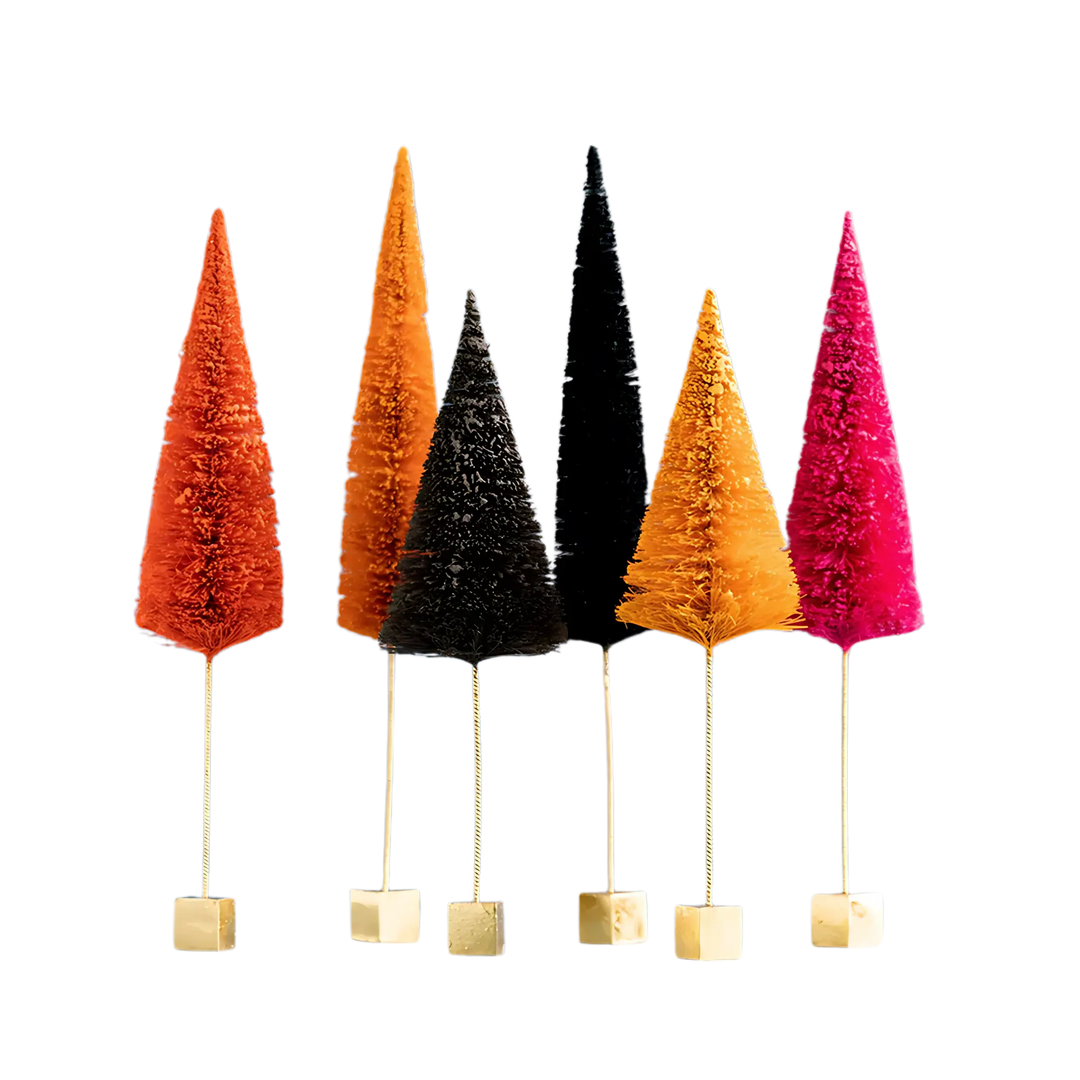 Glitterville Trick or Sweet Forest Halloween bottle brush trees in orange, black, brown, and hot pink