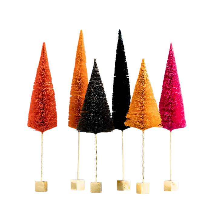 Glitterville Trick or Sweet Forest Halloween bottle brush trees in orange, black, brown, and hot pink