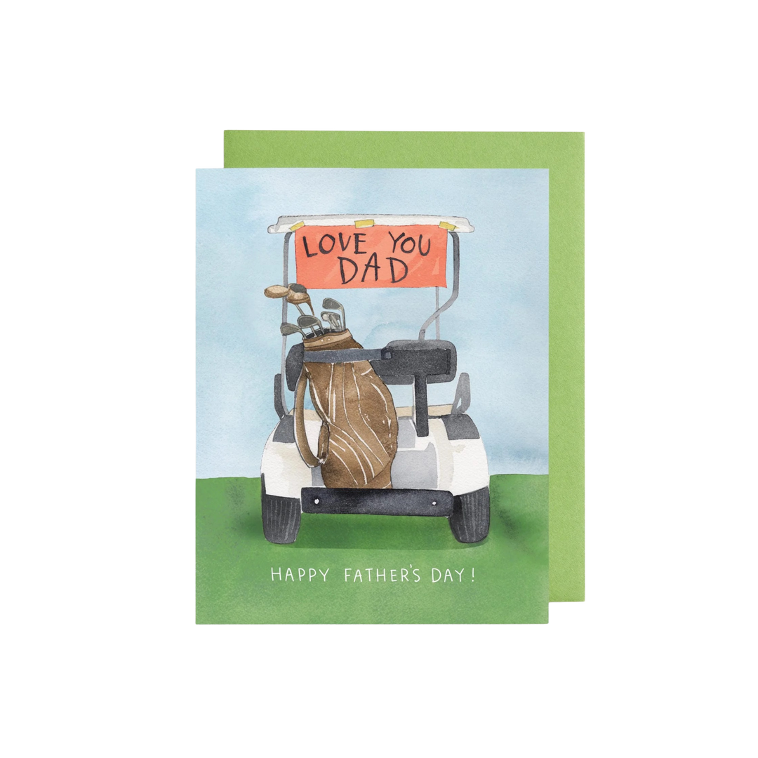 Father’s Day golf cart card with Love You Dad banner watercolor illustration
