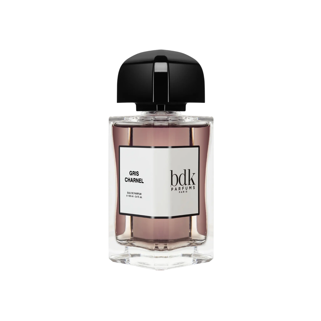 Gris Charnel Eau de Parfum by BDK Parfums - side view of unisex niche woody powdery fragrance bottle with bdk Parfums label