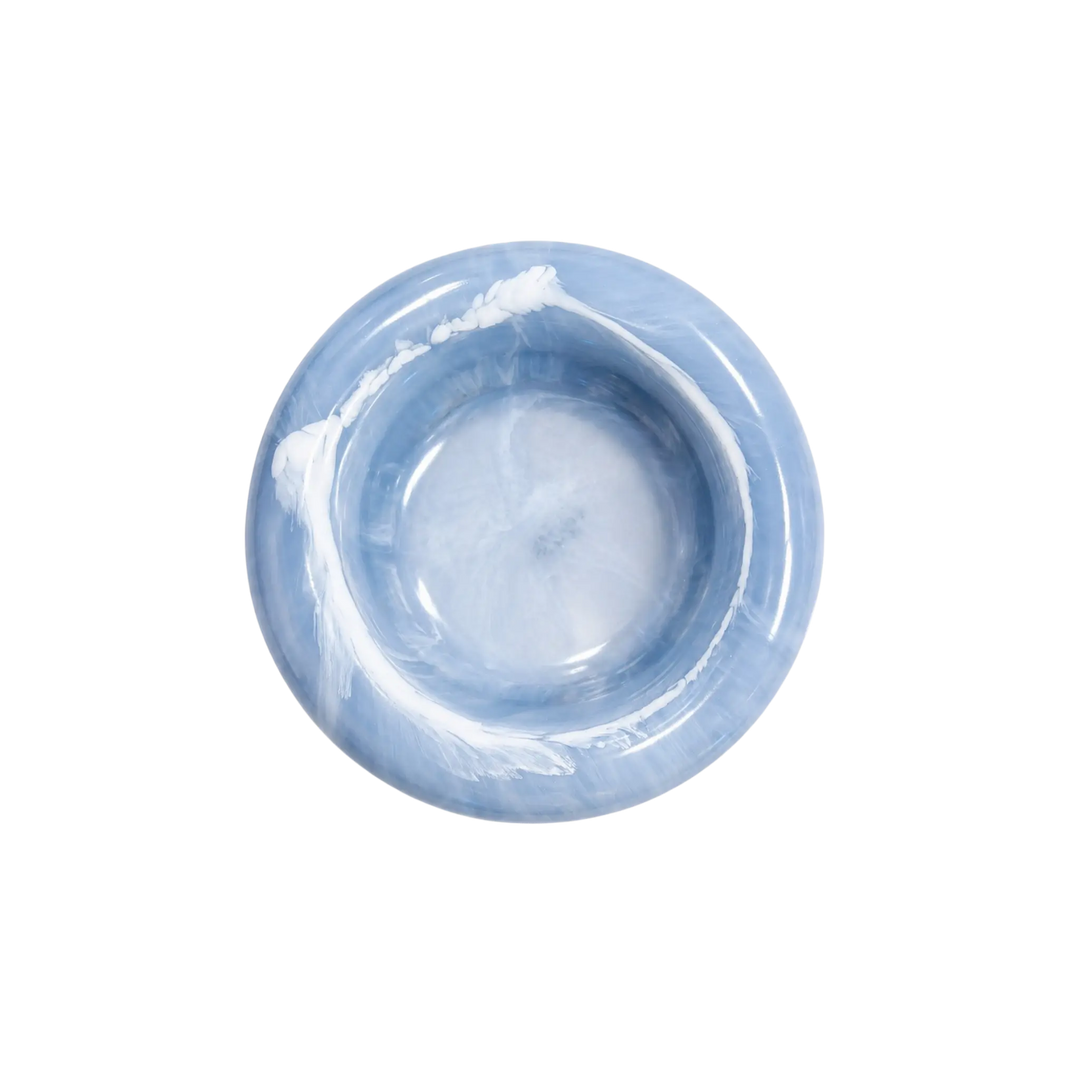 Top-down view of handmade blue marble resin catch-all bowl by Mood by DMJ