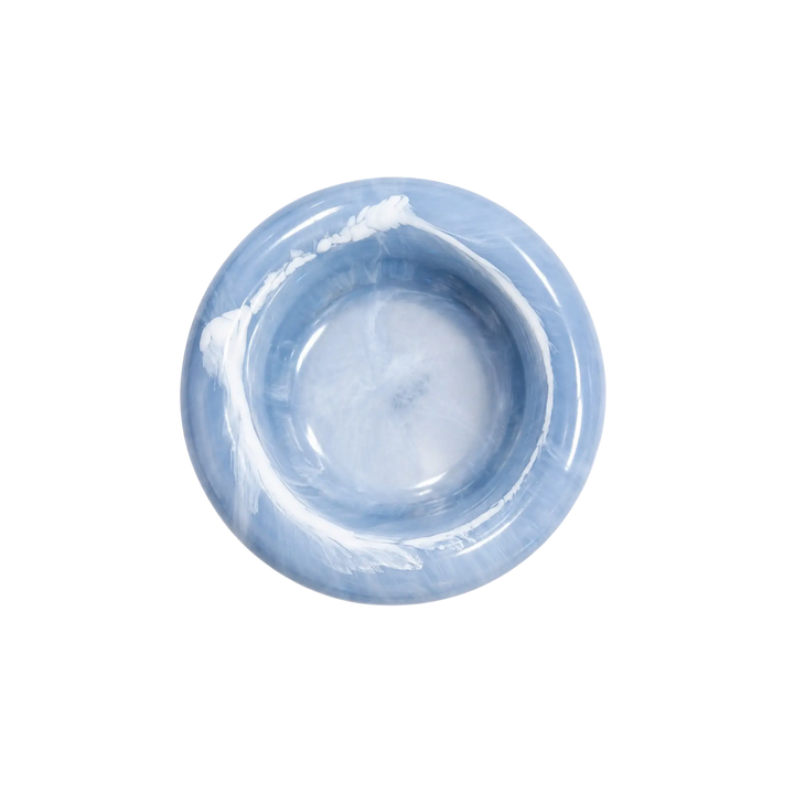 Top-down view of handmade blue marble resin catch-all bowl by Mood by DMJ