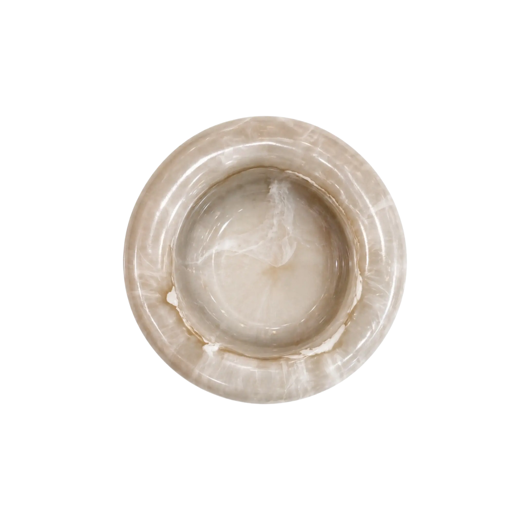 Top-down view of handmade taupe marble resin catch-all bowl by Mood by DMJ