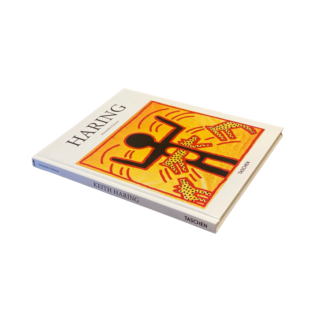 Haring by Alexandra Kolossa, Taschen Basic Art hardcover shown at an angle with its yellow and orange cover and spine