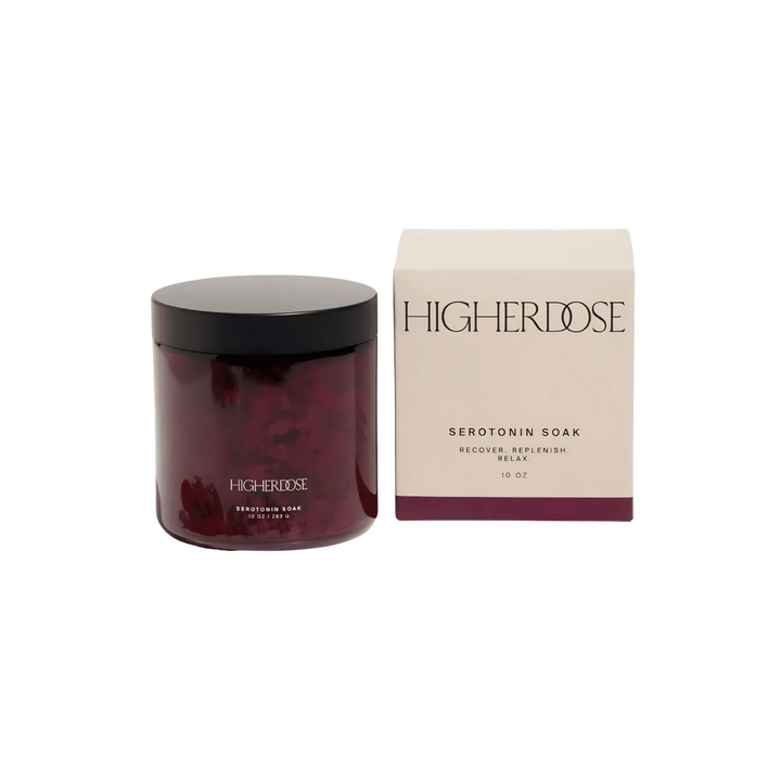 HigherDOSE 10oz Serotonin Soak magnesium-rich bath soak jar with branded gift box for stress relief, recovery, and relaxation