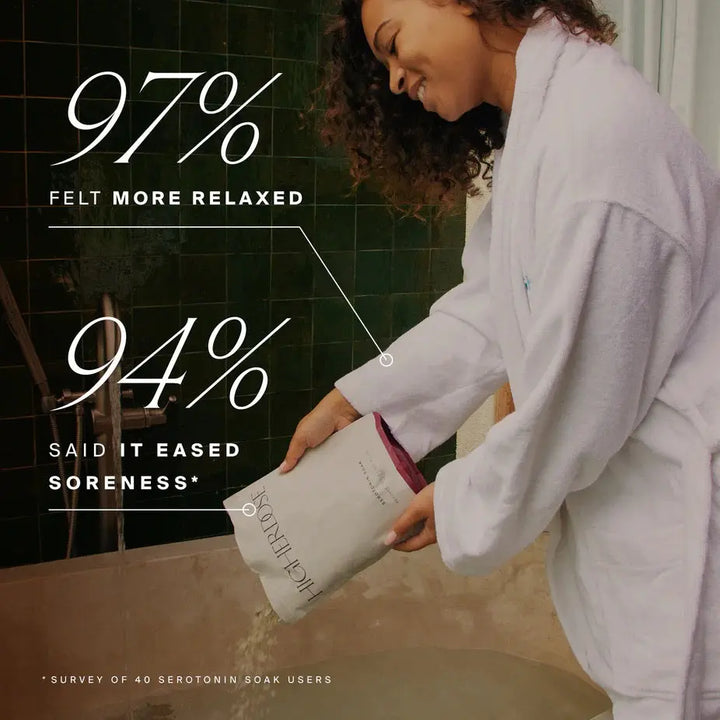 Woman pouring Higher Dose Serotonin Soak into bath, 97% felt more relaxed, 94% said it eased soreness