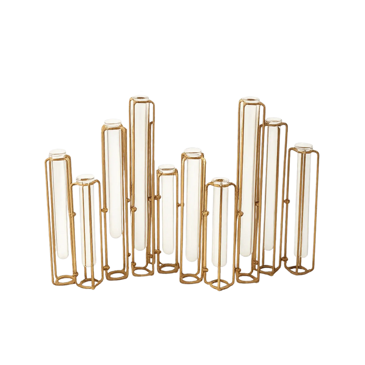 Hinged test tube vase with 10 hand-blown glass tubes in an antiqued gold metal frame, modern flower vase by Mood by DMJ