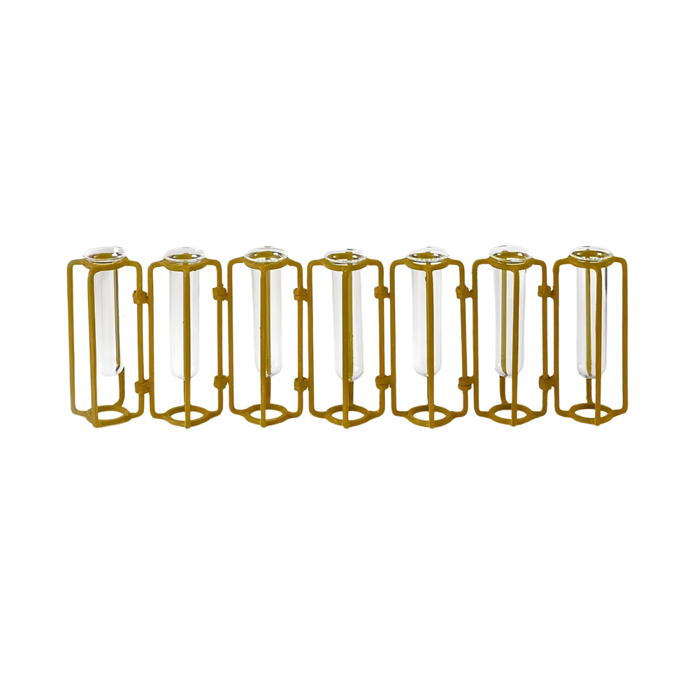 Small hinged test tube vase with 7 hand-blown glass tubes in an antiqued gold metal frame, modern flower vase by Mood by DMJ