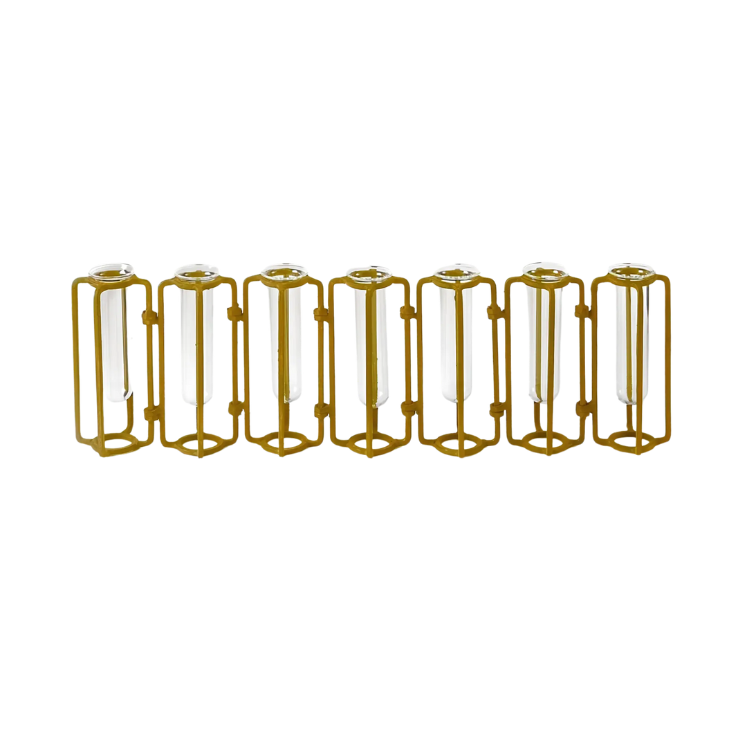 Small hinged test tube vase with 7 hand-blown glass tubes in an antiqued gold metal frame, modern flower vase by Mood by DMJ