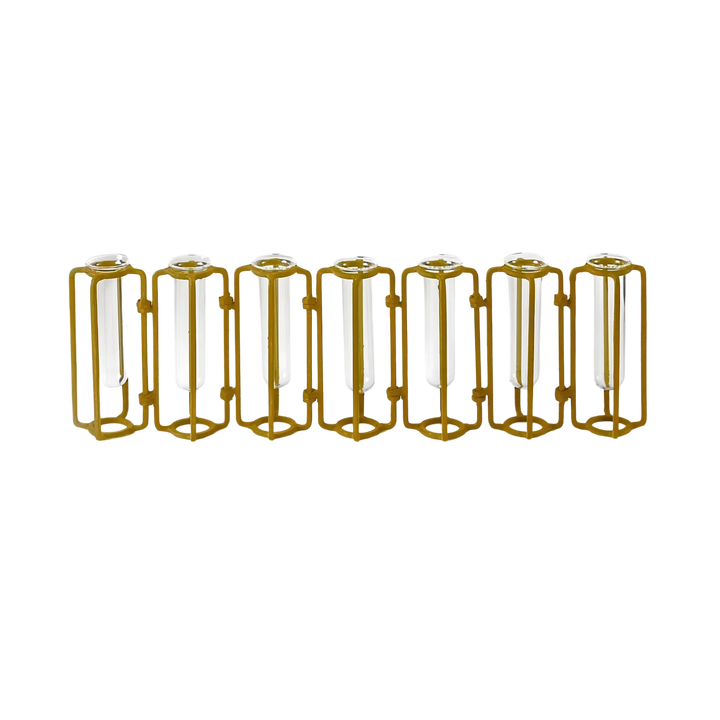 Small hinged test tube vase with 7 hand-blown glass tubes in an antiqued gold metal frame, modern flower vase by Mood by DMJ