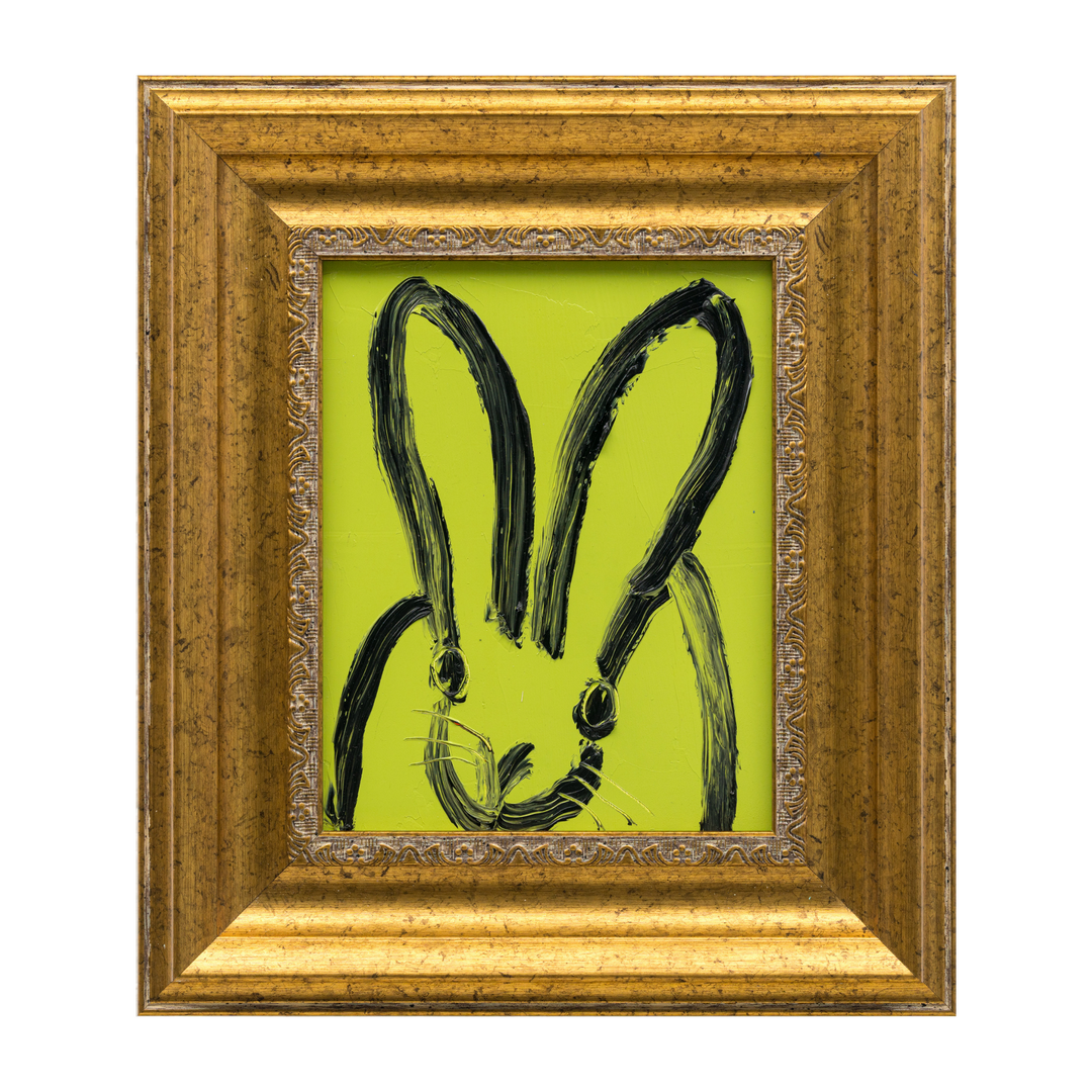 Hunt Slonem original chartreuse bunny painting, black-outlined rabbit on green background in ornate gold frame

