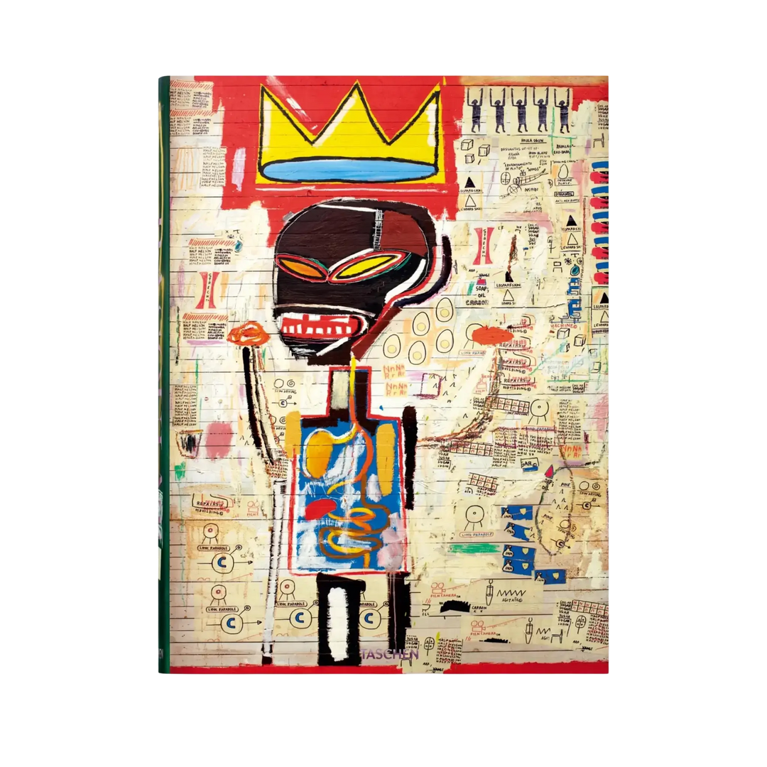 Front cover of Jean-Michel Basquiat by Taschen, a painting of a dark figure beneath a yellow crown on a red and cream ground