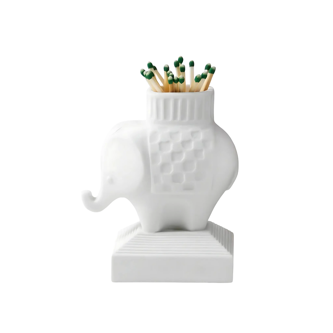 Elephant Match Strike by Jonathan Adler in white porcelain finish with match holder and striker, Mood by DMJ Lafayette, LA