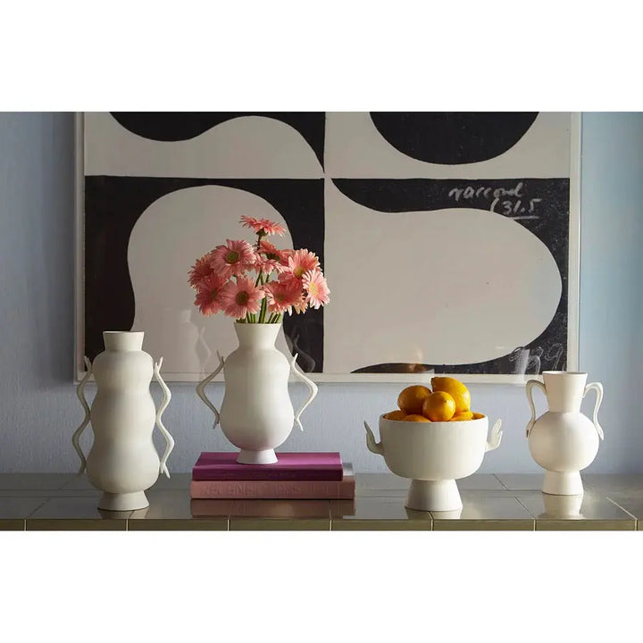 Jonathan Adler white porcelain pedestal bowl with two handles, isolated on a white background at Mood by DMJ in Lafayette, Louisiana, view 3