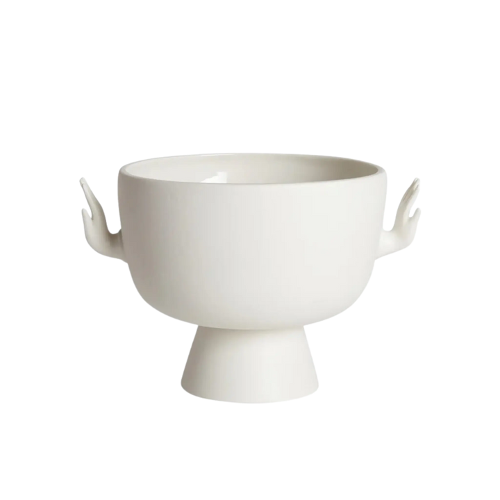 Jonathan Adler white porcelain pedestal bowl with two handles, isolated on a white background at Mood by DMJ in Lafayette, Louisiana