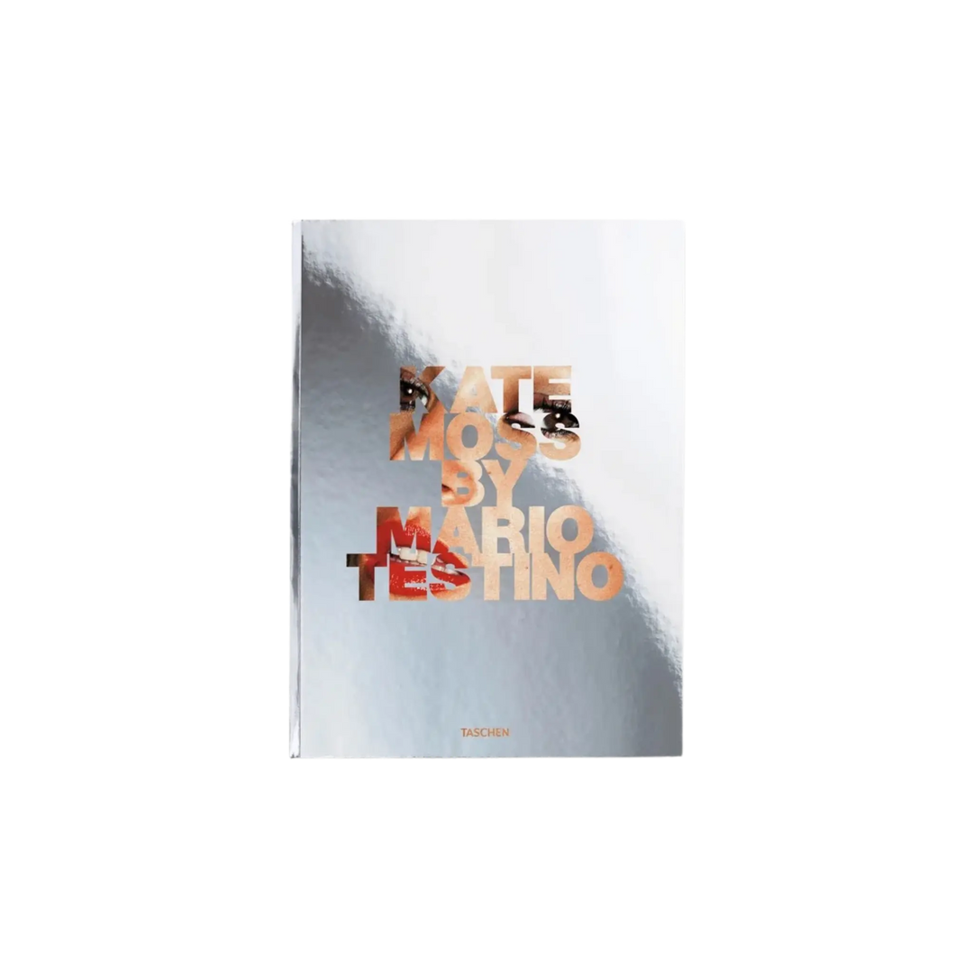 Kate Moss by Mario Testino, a compact Taschen hardcover with a mirrored silver cover and bold orange title lettering