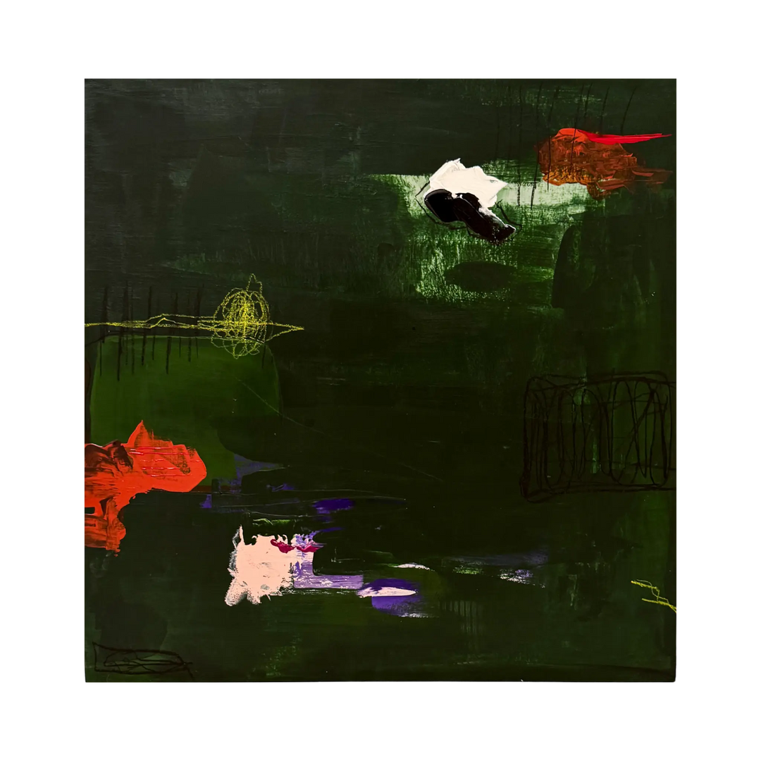 KD Mercer 'Veil of Echoes' original abstract art, 20x20 acrylic canvas with moody greens and crimson accents