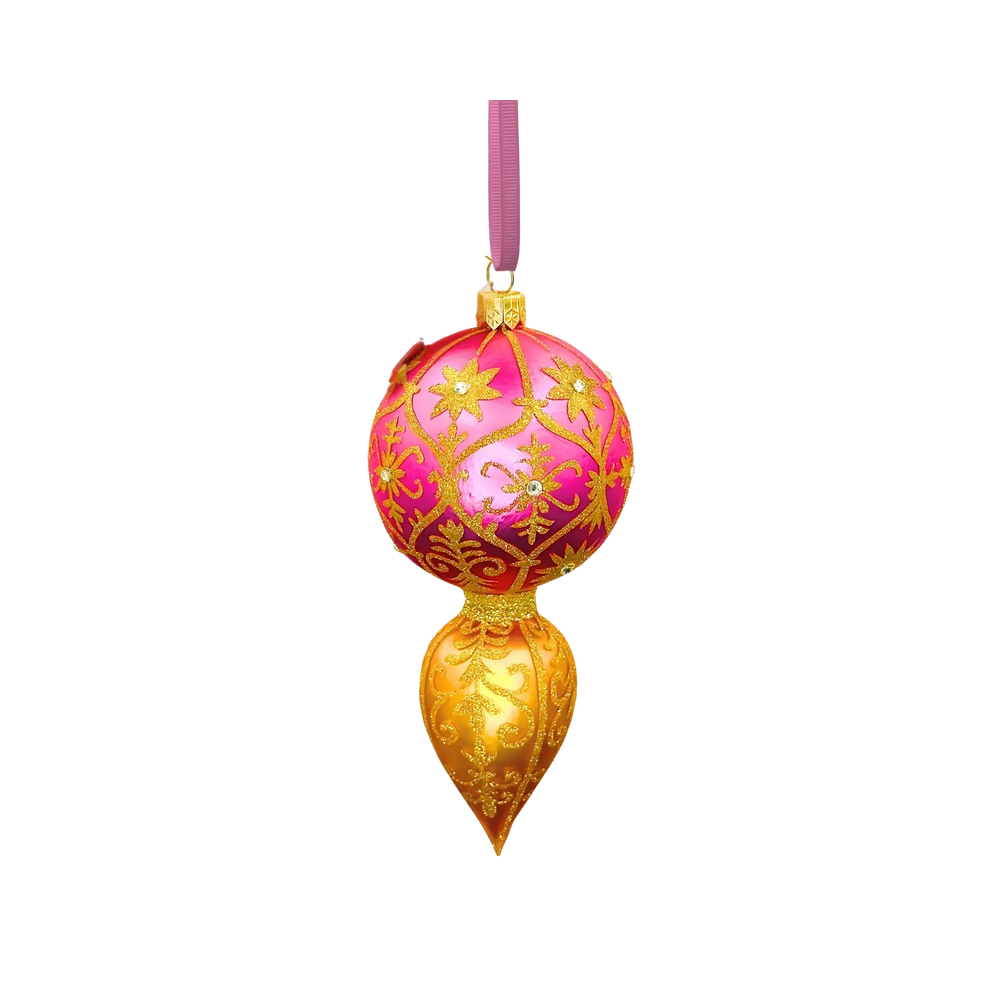 Back of Her Majesty Indent Glass Christmas Ornament in fuchsia and gold with sunburst reflector, handcrafted Polish blown glass from