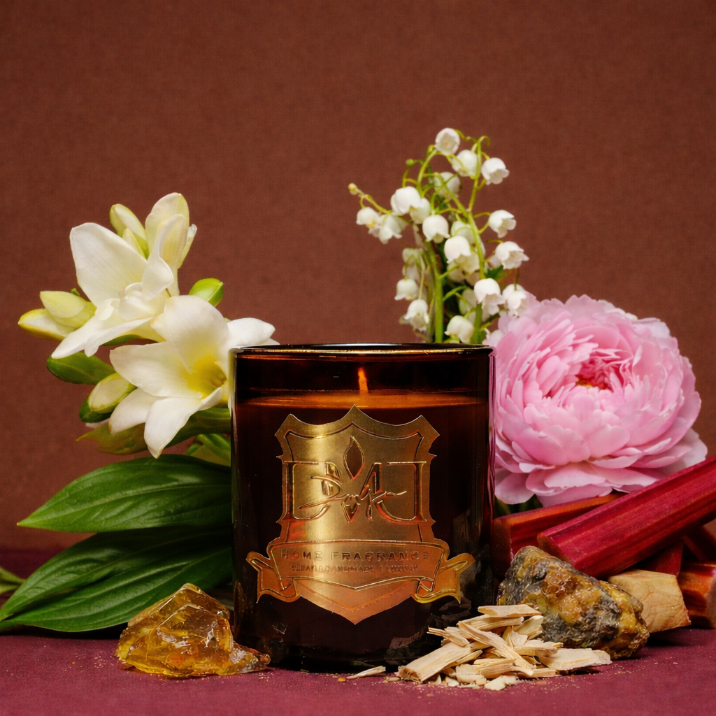 Kyoto luxury floral candle by DMJ Home Fragrance in signature glass vessel — hand-poured coconut wax candle with freesia, rosewater, peony, lily of the valley, quince, blonde wood, and amber, made in Lafayette, Louisiana.
