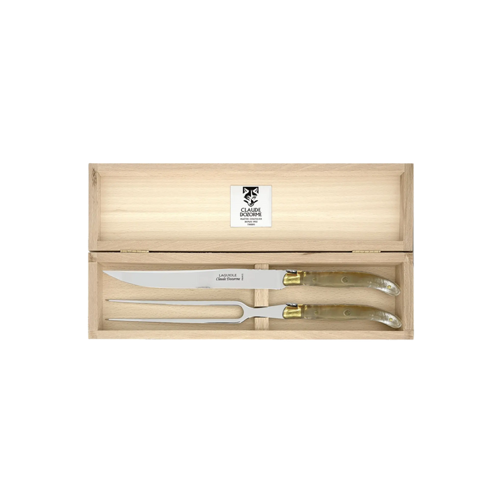 Laguiole Carving Set by Claude Dozorme with light horn (taupe) handles — handcrafted 2-piece French carving knife and fork in a wooden gift box. Made in Thiers, France.