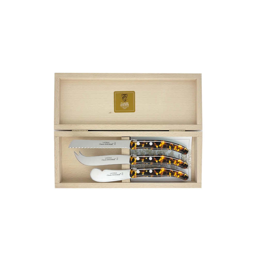 Laguiole Cheese Set by Claude Dozorme with tortoiseshell handles — handcrafted 3-piece French cheese knife, slicer, and spreader in a wooden gift box. Made in Thiers, France — luxury cheese board accessories for entertaining and gifting.