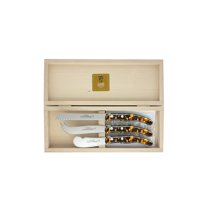 Laguiole Cheese Set by Claude Dozorme with tortoiseshell handles — handcrafted 3-piece French cheese knife, slicer, and spreader in a wooden gift box. Made in Thiers, France — luxury cheese board accessories for entertaining and gifting.