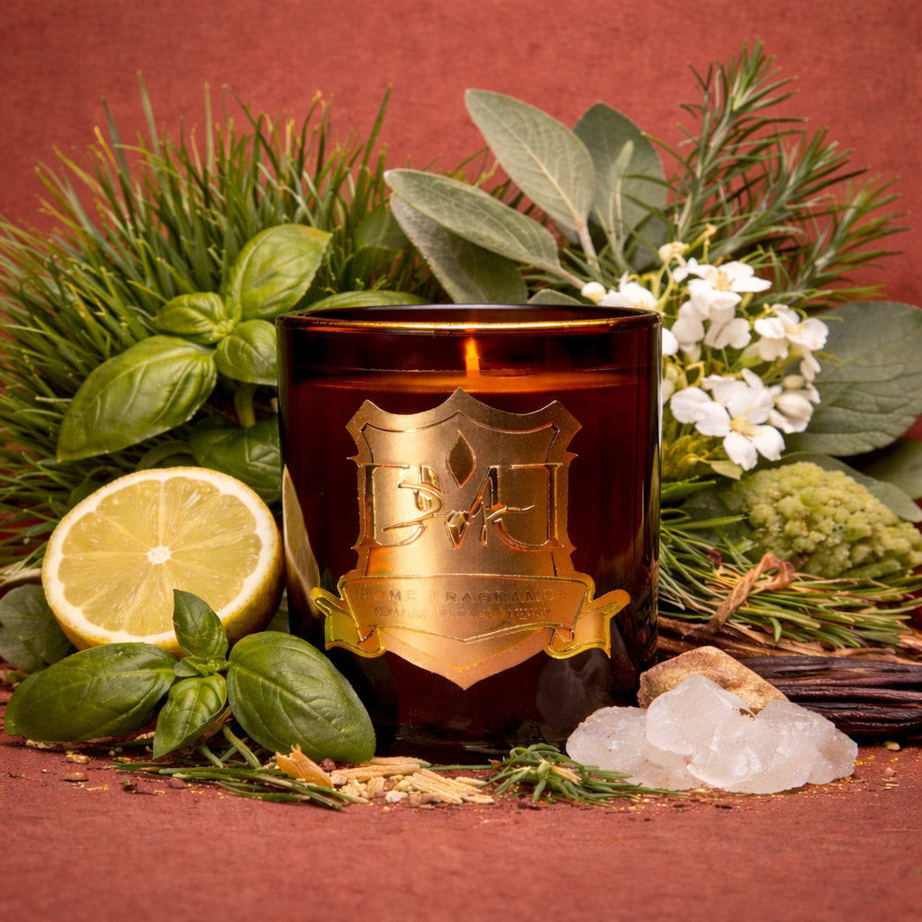 Lawn Affair luxury summer candle by DMJ Home Fragrance in signature glass vessel — hand-poured coconut wax candle with fresh-cut grass, bergamot, basil, jasmine, sage, and white musk, made in Lafayette, Louisiana.