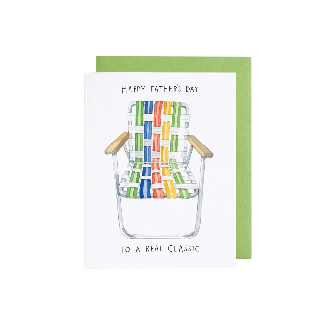 Father’s Day lawn chair card with To a Real Classic message watercolor illustration
