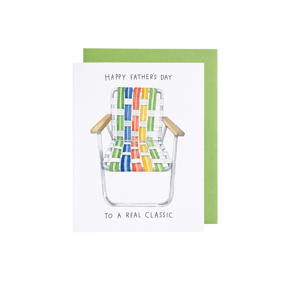 Father’s Day lawn chair card with To a Real Classic message watercolor illustration
