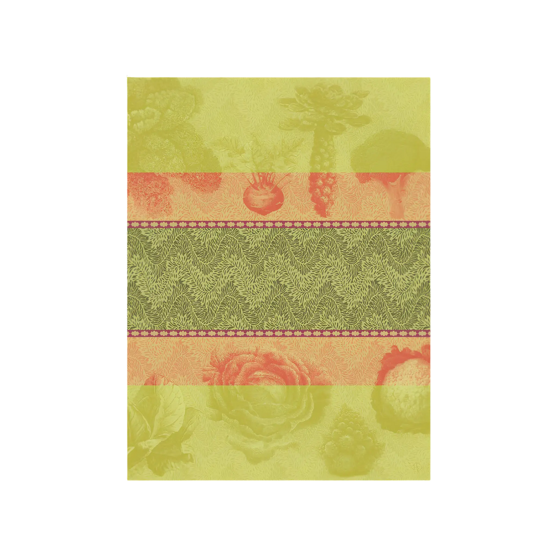 Le Jacquard Français Cabbage Garden tea towel from Mood by DMJ, lime green and coral French cotton kitchen towel with cabbages