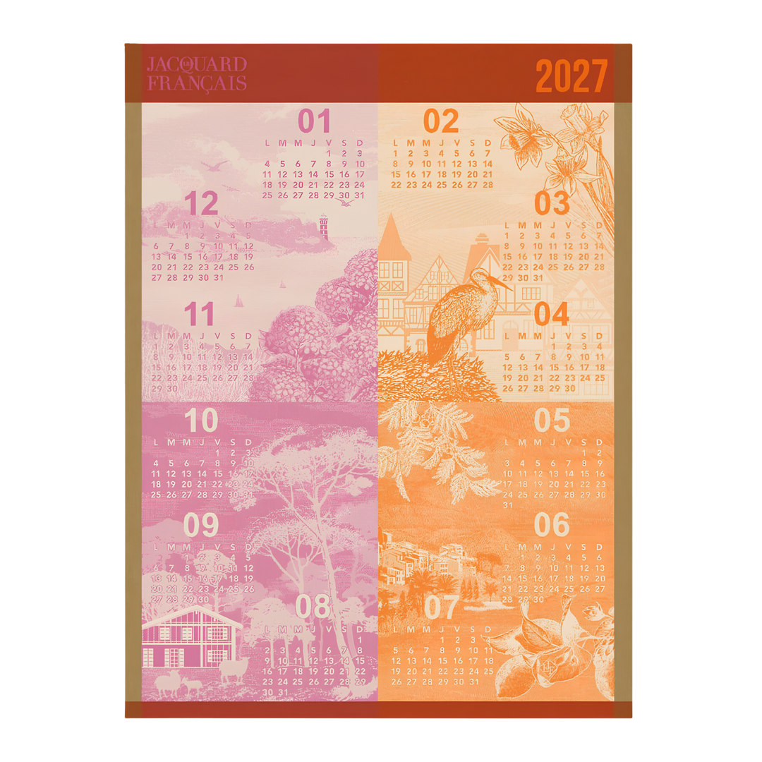 Le Jacquard Français 2027 calendar tea towel from Mood by DMJ, woven cotton kitchen towel in pink and orange with French countryside scenes