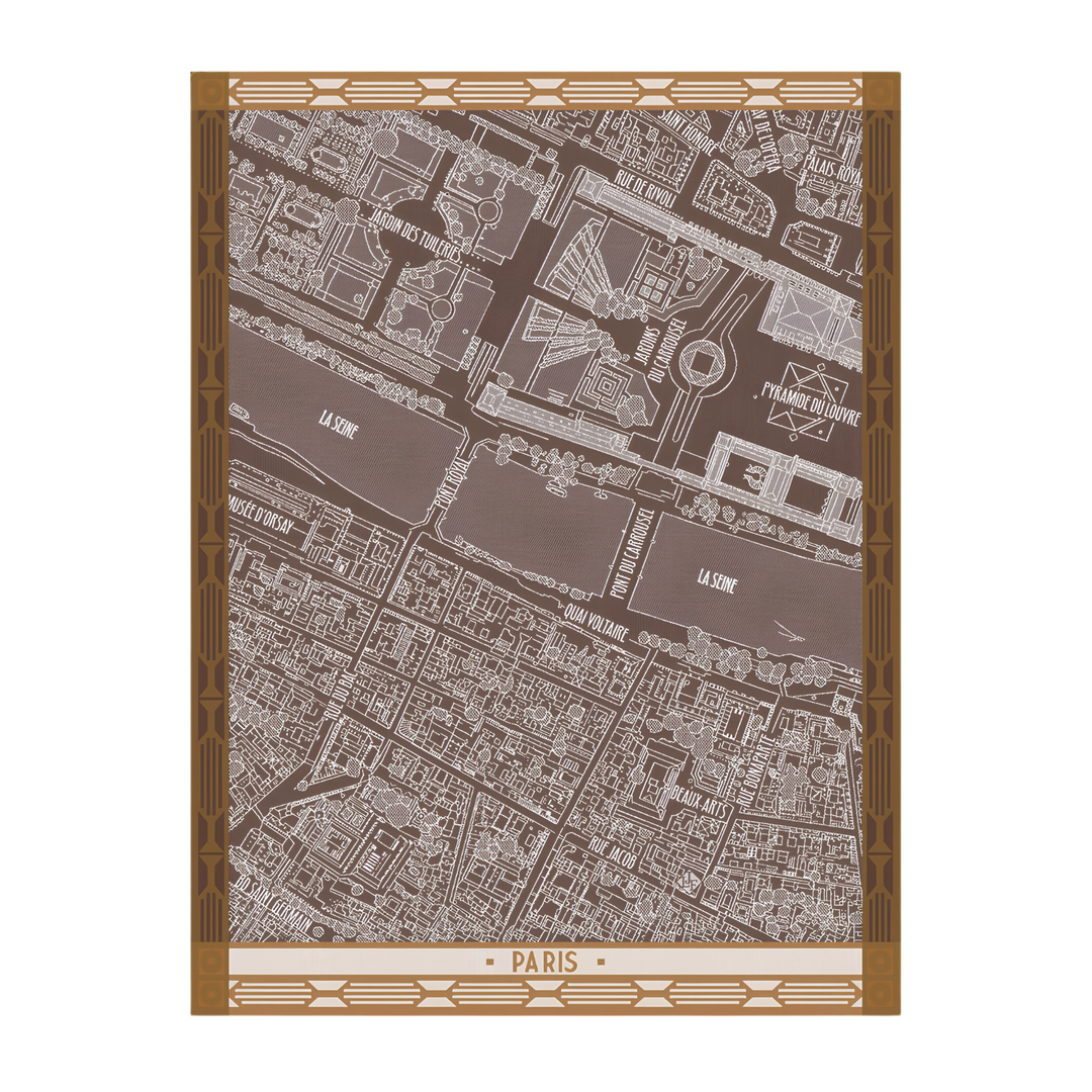 Le Jacquard Français Paris map tea towel from Mood by DMJ, woven cotton kitchen towel with an aerial map of the Louvre and the Seine in brown and cream