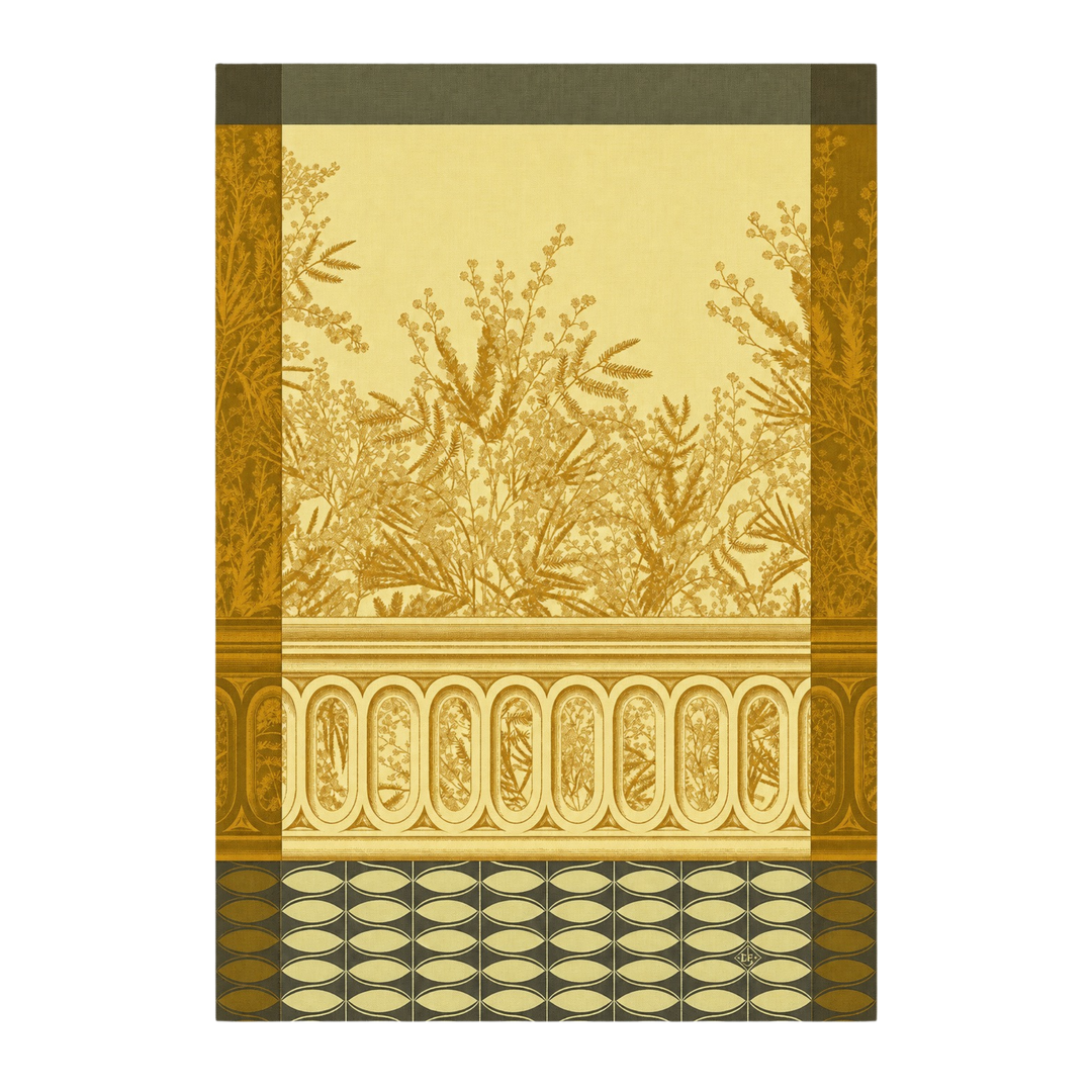 Le Jacquard Français Riviera Mimosa tea towel from Mood by DMJ, mustard yellow cotton kitchen towel with mimosa branches