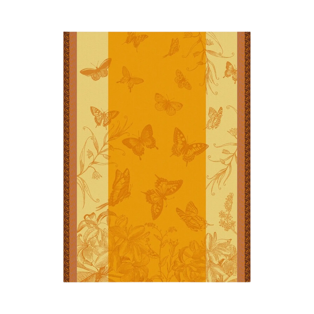 Le Jacquard Français Jardin des Papillons tea towel in orange from Mood by DMJ, orange woven cotton kitchen towel with butterflies