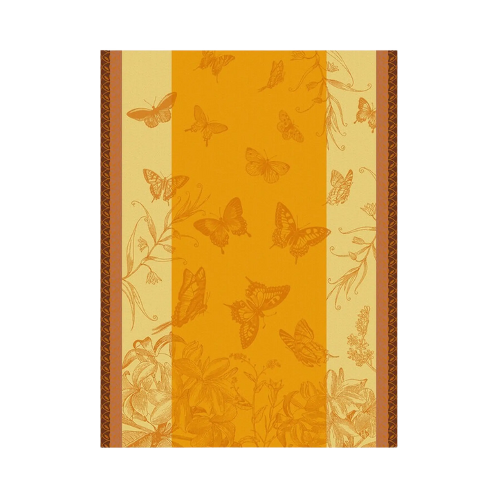Le Jacquard Français Jardin des Papillons tea towel in orange from Mood by DMJ, orange woven cotton kitchen towel with butterflies